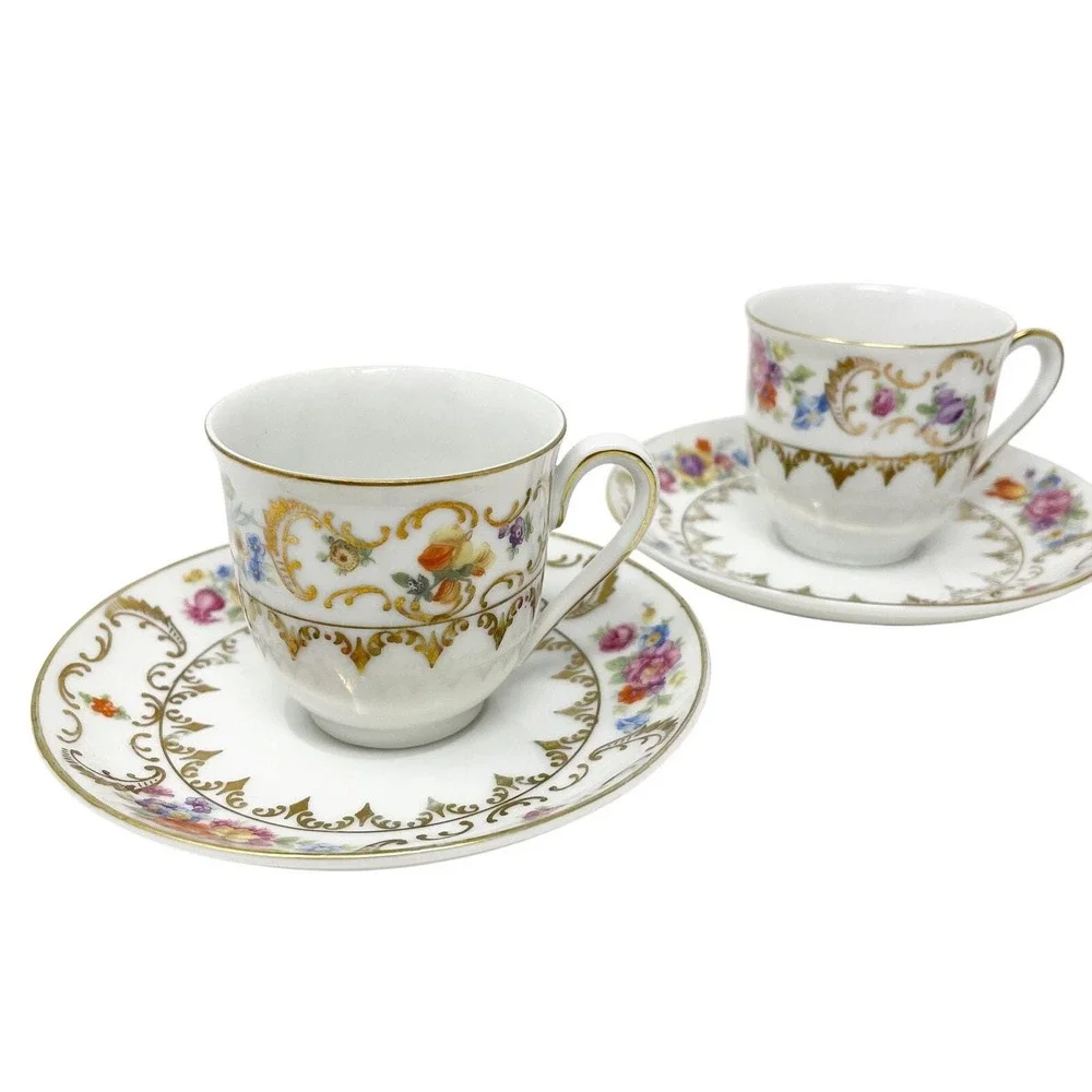 Vintage Bavaria Hand Painted Porcelain Teacup & Saucer Set White Gold Floral